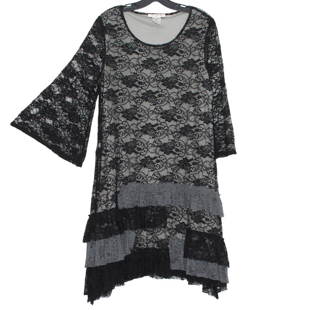 Dress Floral Lace Whimsigoth Witchy Bell Sleeve Ruffle Tiered Black Gray Medium